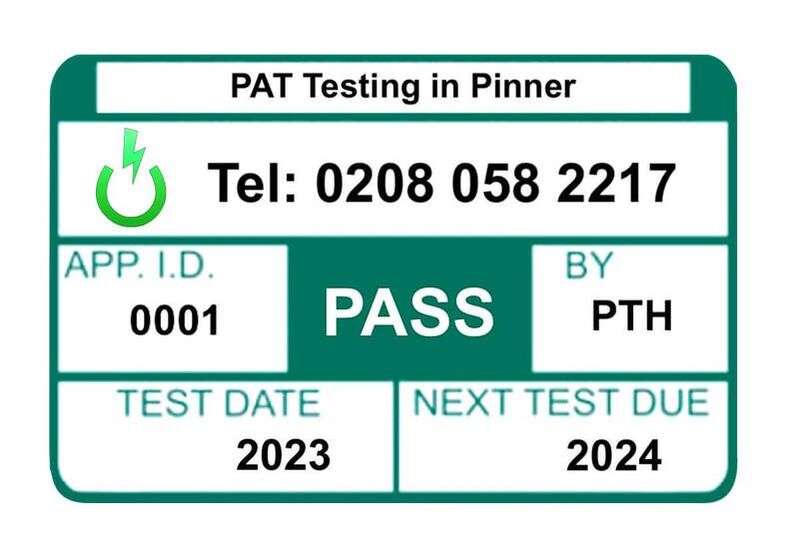 PAT testing in Pinner label showing equipment ID and test date