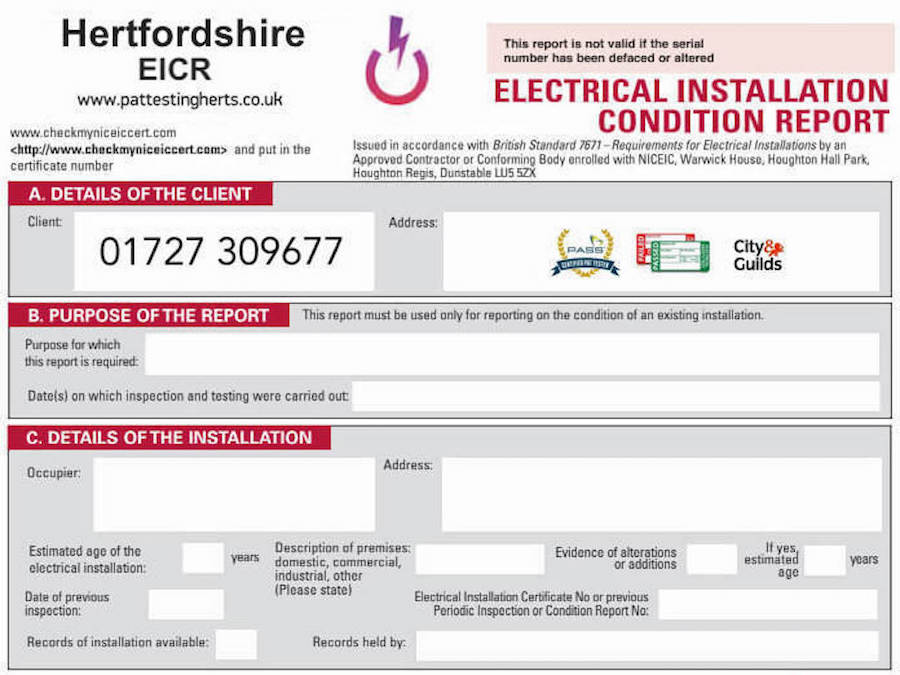 Electrical Installation Condition Report - Hertfordshire - EICR Certificate